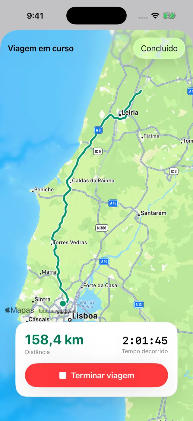 Uma viagem em curso: o percurso no mapa, a distância e o tempo decorrido