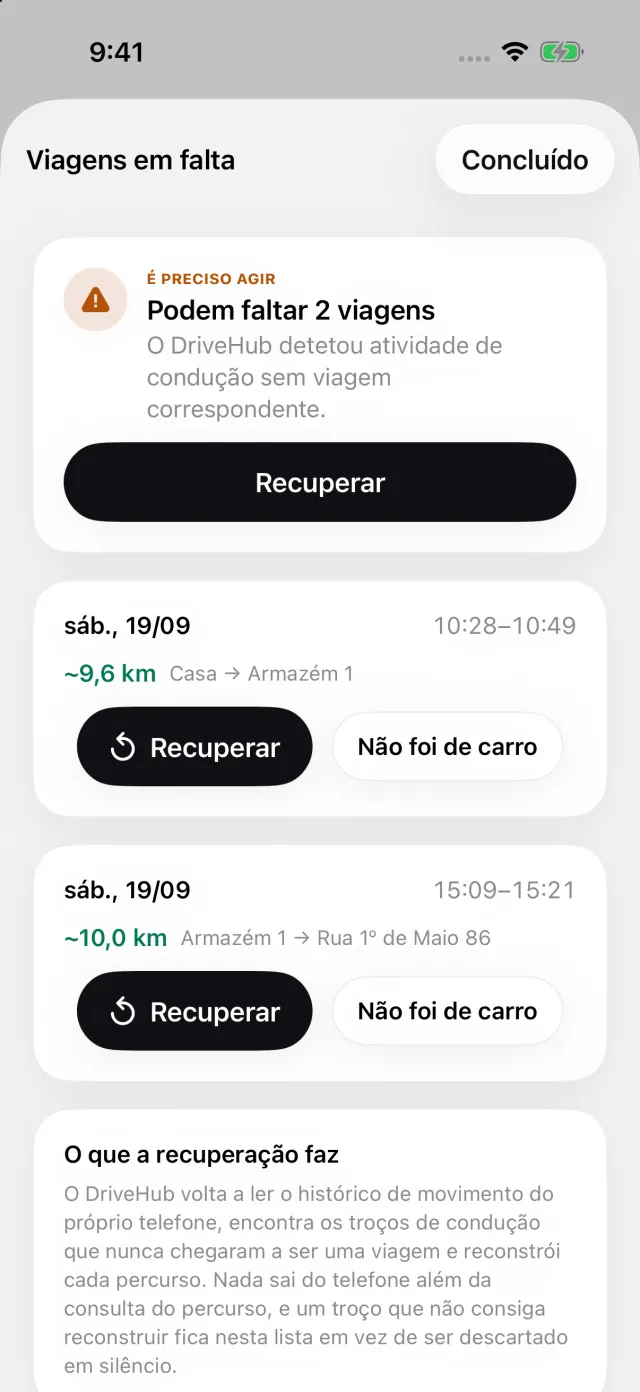 Uma história Viagens em falta: uma viagem de carro registada pelo iPhone sem viagem correspondente, e Recuperar
