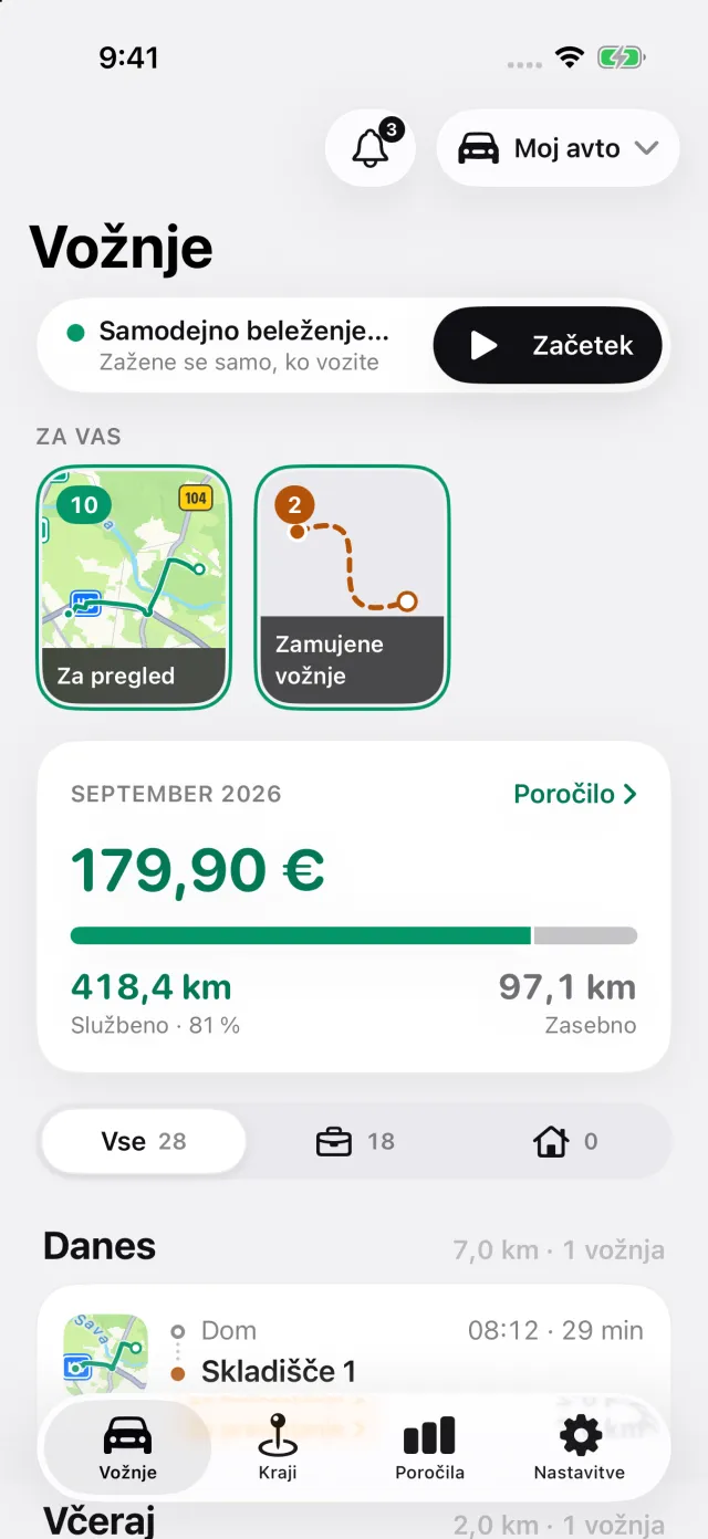 Zaslon Vožnje v DriveHubu: samodejno beleženje je vklopljeno, zgodbe Za vas in priznani znesek za ta mesec