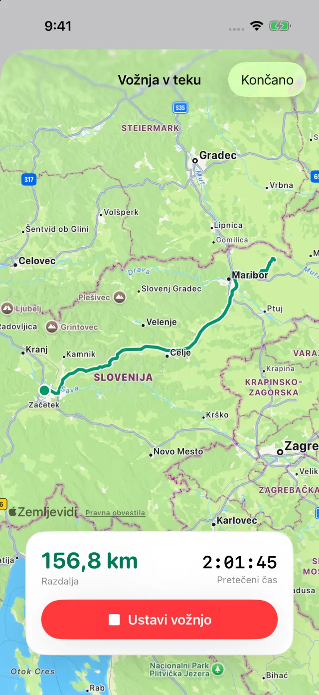 Vožnja v teku: pot na zemljevidu, razdalja in pretečeni čas