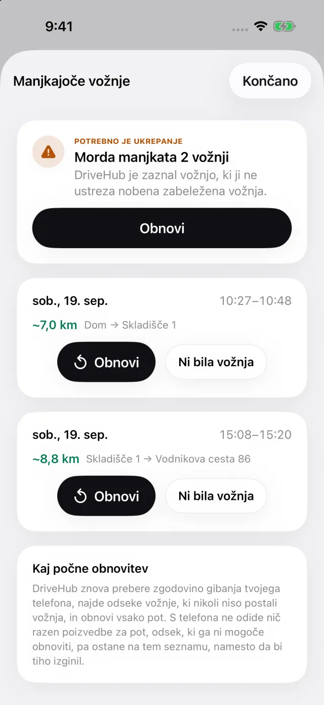 Zgodba Zamujene vožnje: vožnja, ki jo je zaznal iPhone, brez ustrezne vožnje v evidenci, in gumb Obnovi