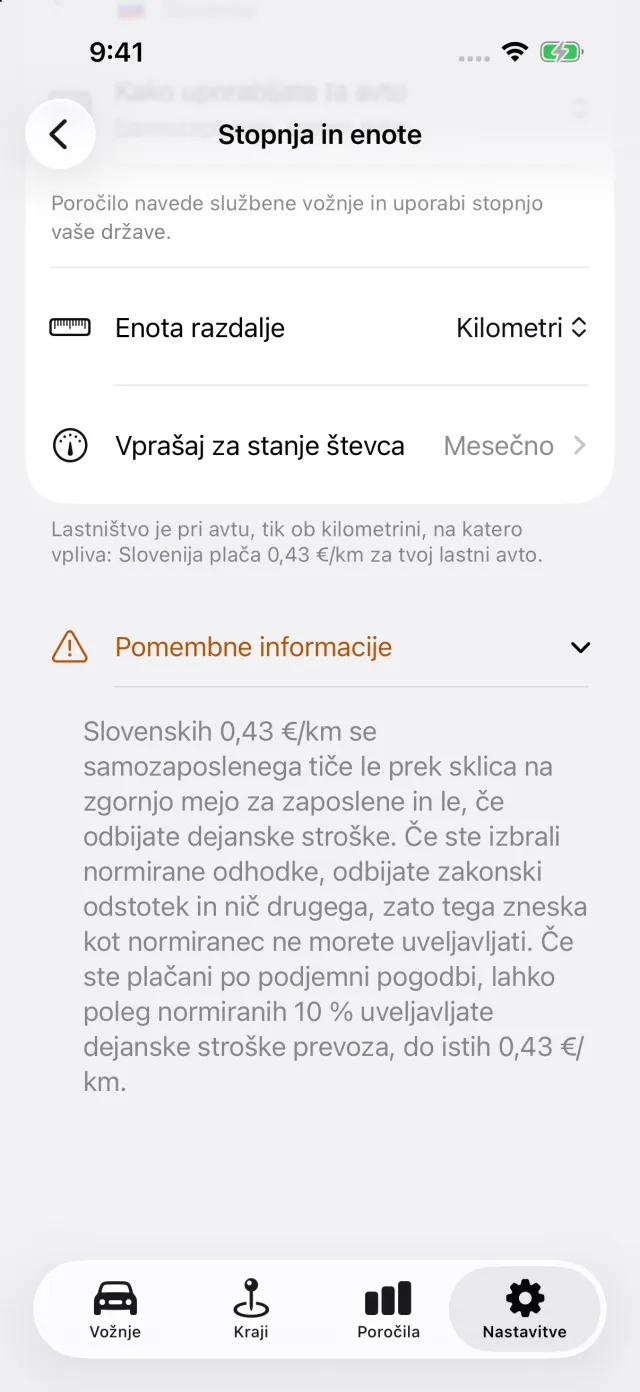 Zaslon stopnje v DriveHubu: znesek za državo in pravilo za njim