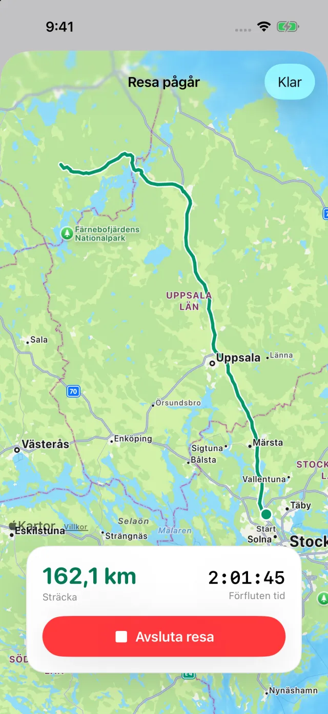 En pågående resa: rutten på kartan, sträckan och förfluten tid